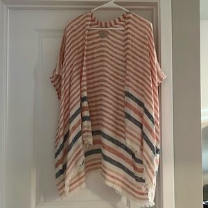 XS/S Loft Shawl Red/Blue/Cream Shimmer Frayed Edges